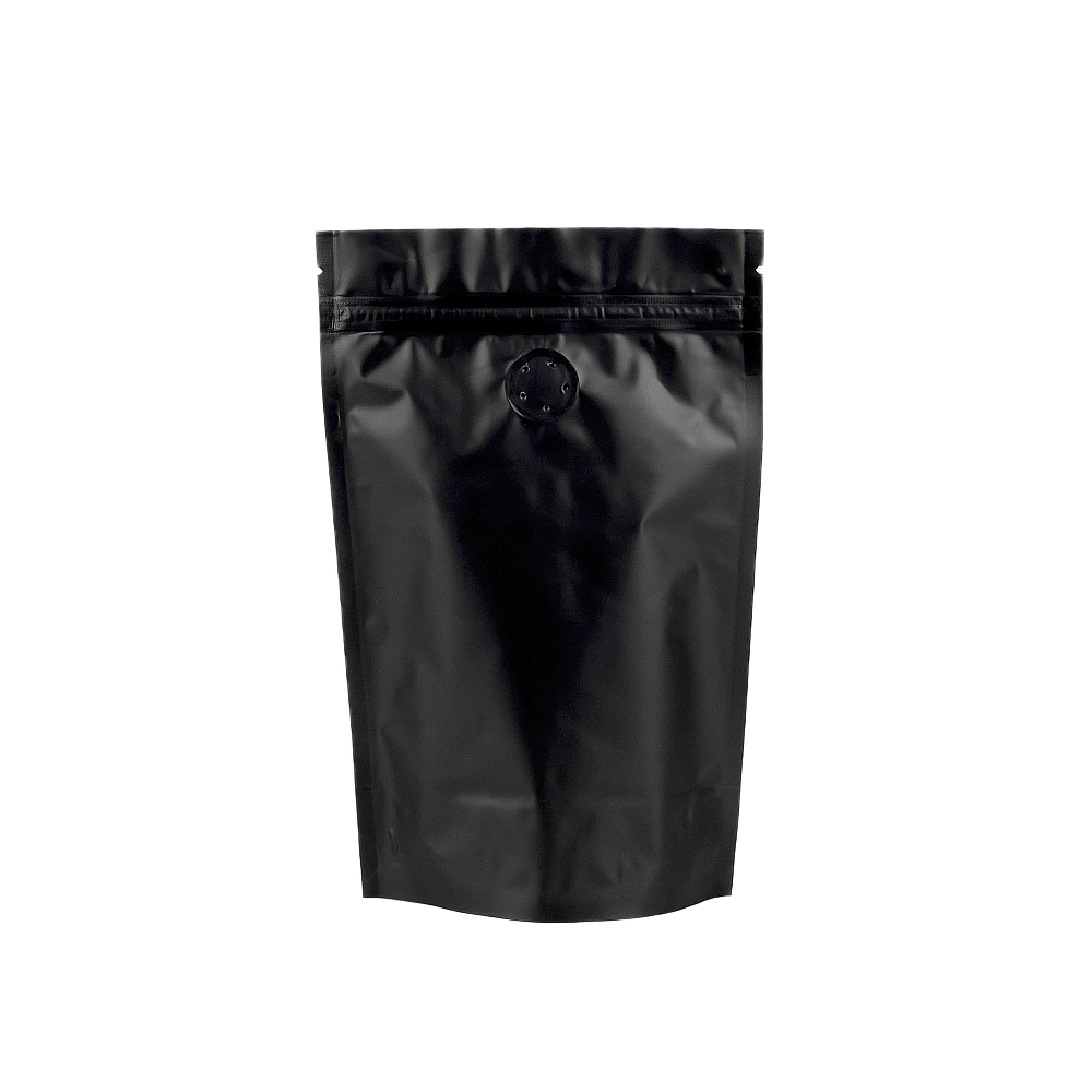 Черный матовый пакет с зип-локом и клапаном для 100 г кофе